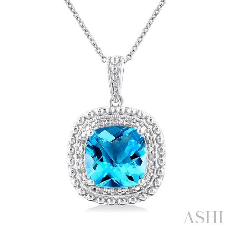 Silver Cushion Shape Gemstone & Diamond Pendant