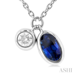 5x3 MM Oval Cut Sapphire and 1/50 Ctw Bezel Set Round Cut Diamond Precious Pendant With Chain in 10K White Gold
