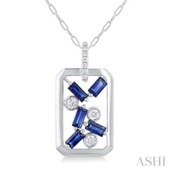 4x2 MM Scatter Baguette Cut Sapphire and 1/6 Ctw Round Cut Diamond Precious Fashion Pendant With Chain in 14K White Gold
