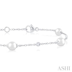 5 MM Round Shape Cultured Pearl and 1/6 Ctw Round Cut Diamond Fashion Station Bracelet in 14K White Gold