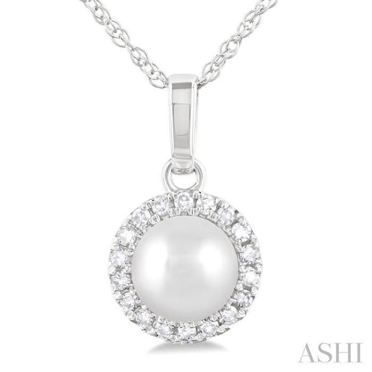 5 MM Cultured White Pearl and 1/20 Ctw Single Cut Diamond Halo Pendant With Chain in 10K White Gold