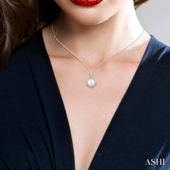 5 MM Cultured White Pearl and 1/20 Ctw Single Cut Diamond Halo Pendant With Chain in 10K White Gold