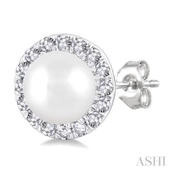 4.5 MM White Cultured Pearl and 1/8 Ctw Round Cut Diamond Halo Stud Earrings in 10K White Gold