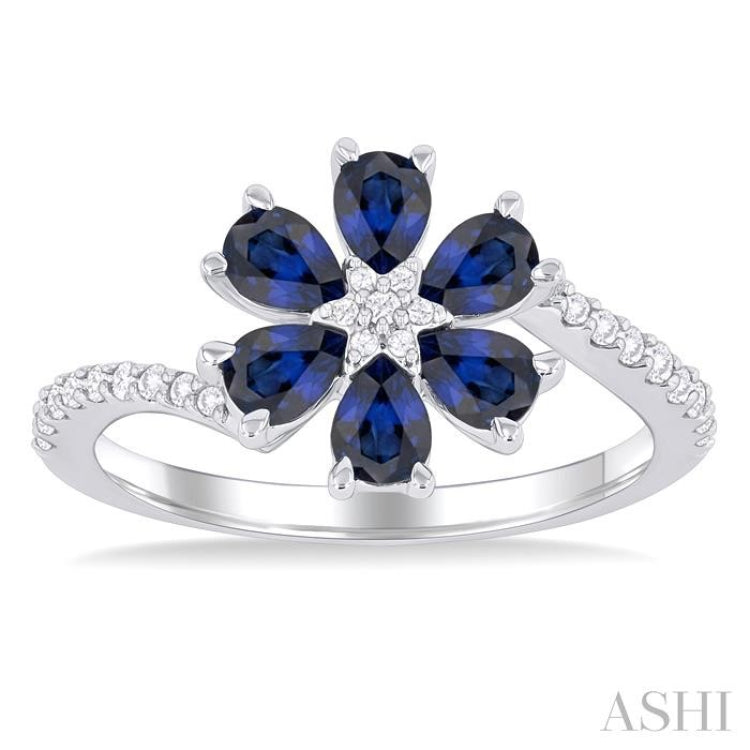4X3 MM Pear Cut Floral Blossom Sapphire and 1/5 Ctw Round Cut Diamond Bypass Precious Ring in 14K White Gold