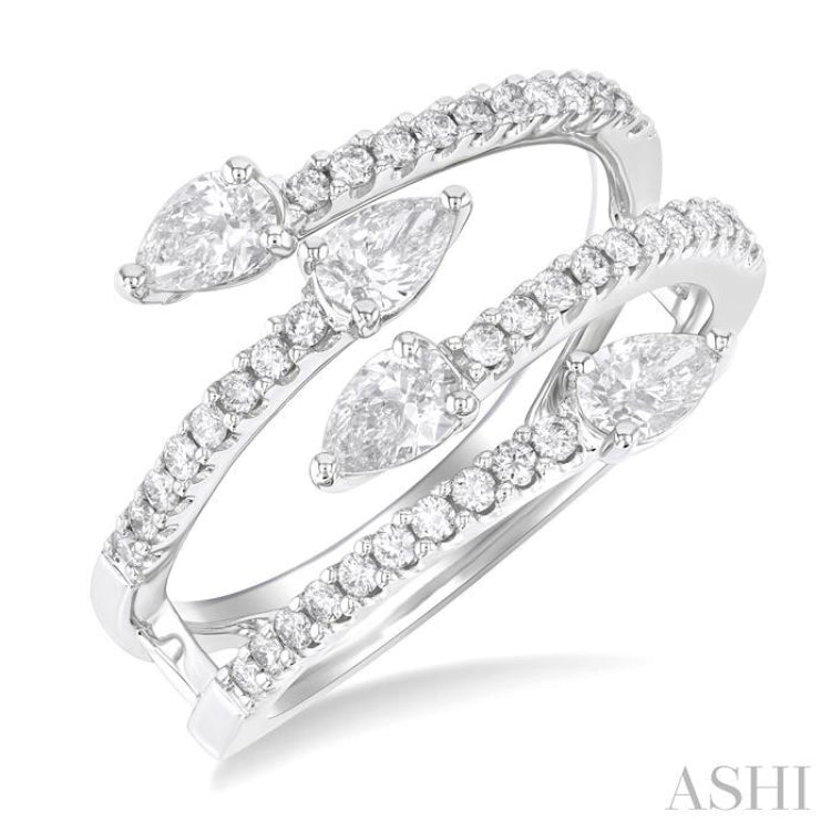 7/8 Ctw Split Double Bypass Pear and Round Cut Diamond Open Fashion Ring in 14K White Gold