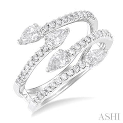 7/8 Ctw Split Double Bypass Pear and Round Cut Diamond Open Fashion Ring in 14K White Gold