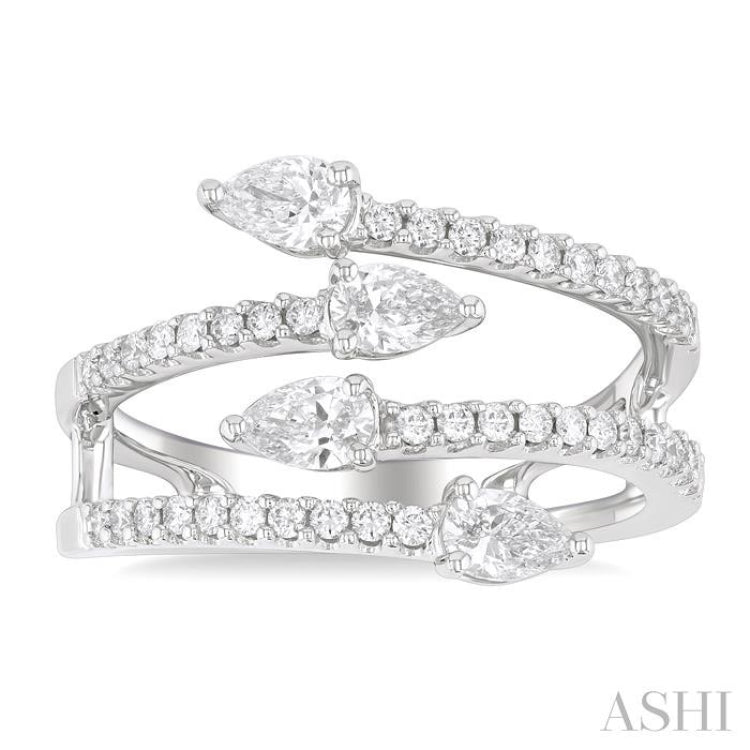 7/8 Ctw Split Double Bypass Pear and Round Cut Diamond Open Fashion Ring in 14K White Gold