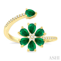 4X3 MM Pear Cut Floral Blossom Emerald and 1/10 Ctw Round Cut Diamond Open Precious Ring in 14K Yellow Gold