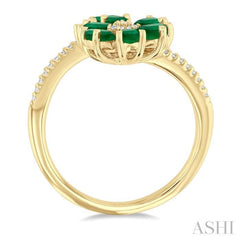 4X3 MM Pear Cut Floral Blossom Emerald and 1/10 Ctw Round Cut Diamond Open Precious Ring in 14K Yellow Gold