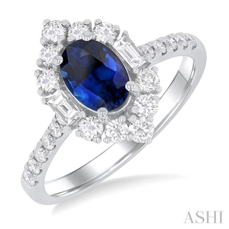 7x5 MM Oval Cut Sapphire & 5/8 Ctw Baguette and Round Cut Diamond Halo Precious Ring in 14K White Gold