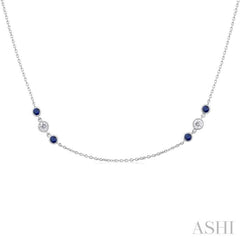 2.25 MM Sapphire and 1/2 Ctw Round Cut Diamond Precious Station Necklace in 14K White Gold