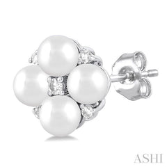 3 MM Floral Round Shape Cultured Pearl and 1/20 Ctw Round Cut Diamond Fashion Stud Earring in 10K White Gold
