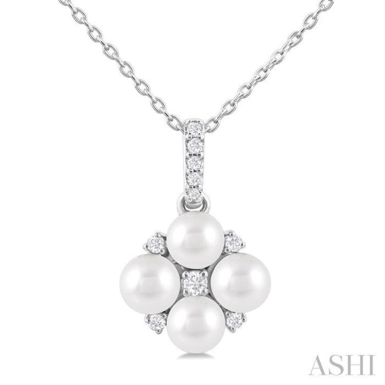 4 MM Floral Round Shape Cultured Pearl and 1/10 Ctw Round Cut Diamond Fashion Pendant With Chain in 10K White Gold