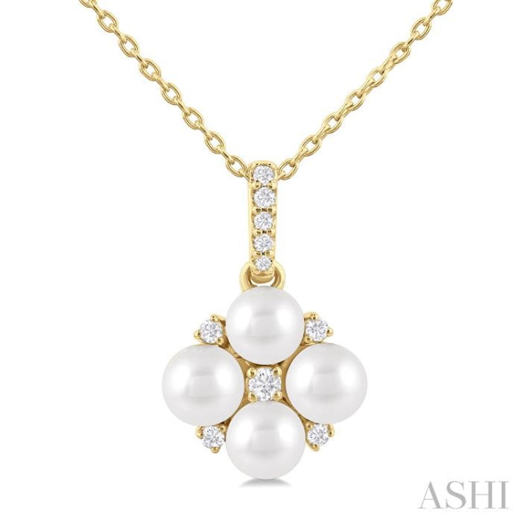 4 MM Floral Round Shape Cultured Pearl and 1/10 Ctw Round Cut Diamond Fashion Pendant With Chain in 10K Yellow Gold