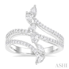 3/4 Ctw Three-Way Split Shank Mixed Diamond Cut Fashion Ring in 14K White Gold