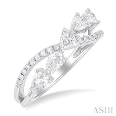 7/8 Ctw Split Criss Cross Pear and Round Cut Diamond Fashion Ring in 14K White Gold