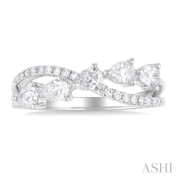 7/8 Ctw Split Criss Cross Pear and Round Cut Diamond Fashion Ring in 14K White Gold