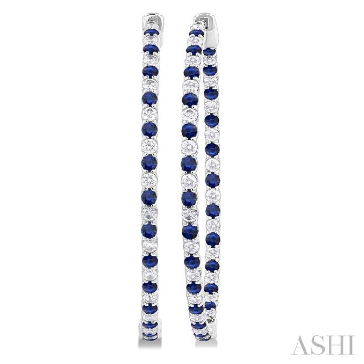 1.9 MM Round Cut Sapphire and 1 1/2 Ctw Round Cut Diamond Precious Inside-Out Alternating Hoop Earrings in 14K White Gold