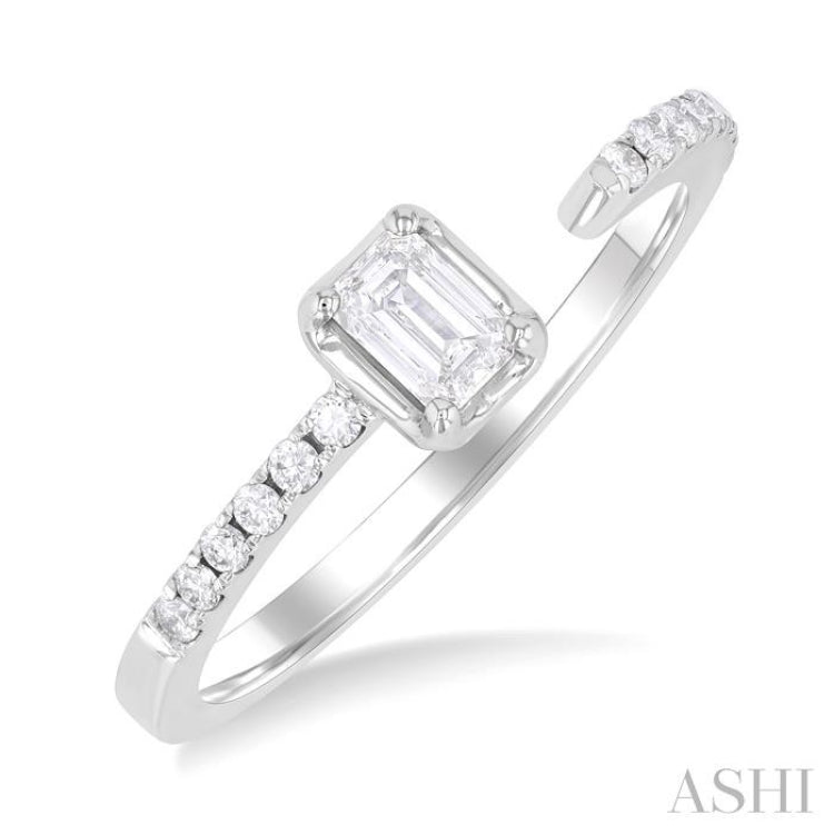 3/8 Ctw Emerald and Round Cut Diamond Fashion Open Ring in 14K White Gold