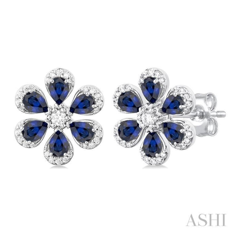 4X3 MM Floral Blossom Pear Cut Sapphire and 1/3 Ctw Round Cut Diamond Precious Stud Earring in 14K White Gold