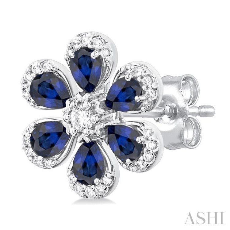 4X3 MM Floral Blossom Pear Cut Sapphire and 1/3 Ctw Round Cut Diamond Precious Stud Earring in 14K White Gold