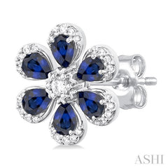 4X3 MM Floral Blossom Pear Cut Sapphire and 1/3 Ctw Round Cut Diamond Precious Stud Earring in 14K White Gold