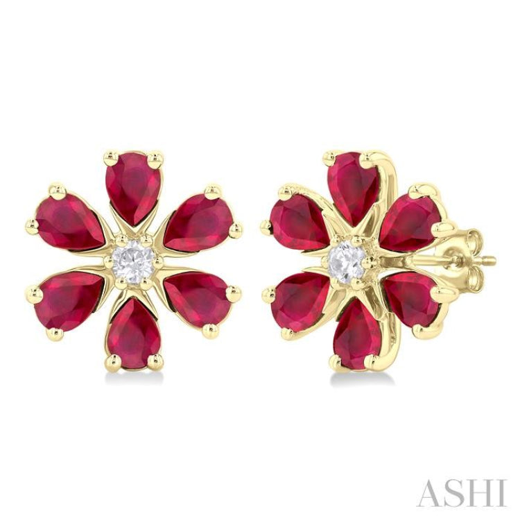 4X3 MM Floral Blossom Pear Cut Ruby and 1/10 Ctw Round Cut Diamond Precious Stud Earring in 14K Yellow Gold