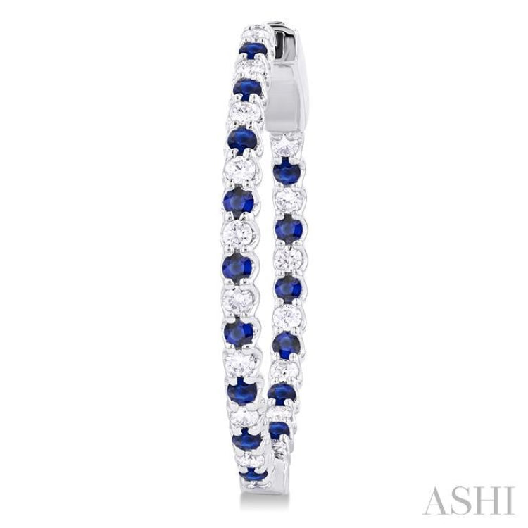 1.6 MM Round Sapphire and 1/2 Ctw Round Cut Diamond Inside & Outside Alternating Precious Hoop Earrings in 14K White Gold