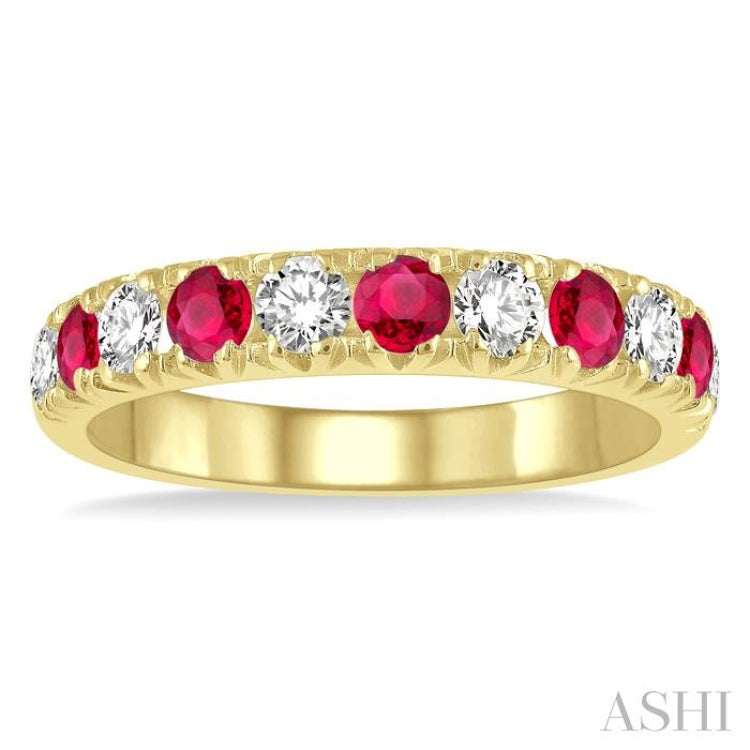 2.9 MM Ruby and 1/2 Ctw Round Cut Diamond Precious Wedding Band in 14K Yellow Gold