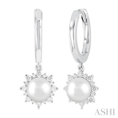 5.5 MM Round shape Cultured Pearls and 1/5 Ctw Round Cut Diamond Petite Fashion Huggies in 10K White Gold