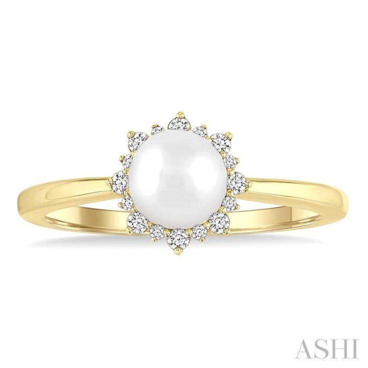 6 MM Round Shape Cultured Pearl and 1/10 Ctw Petite Round Cut Diamond Sunburst Halo Fashion Ring in 10K Yellow Gold