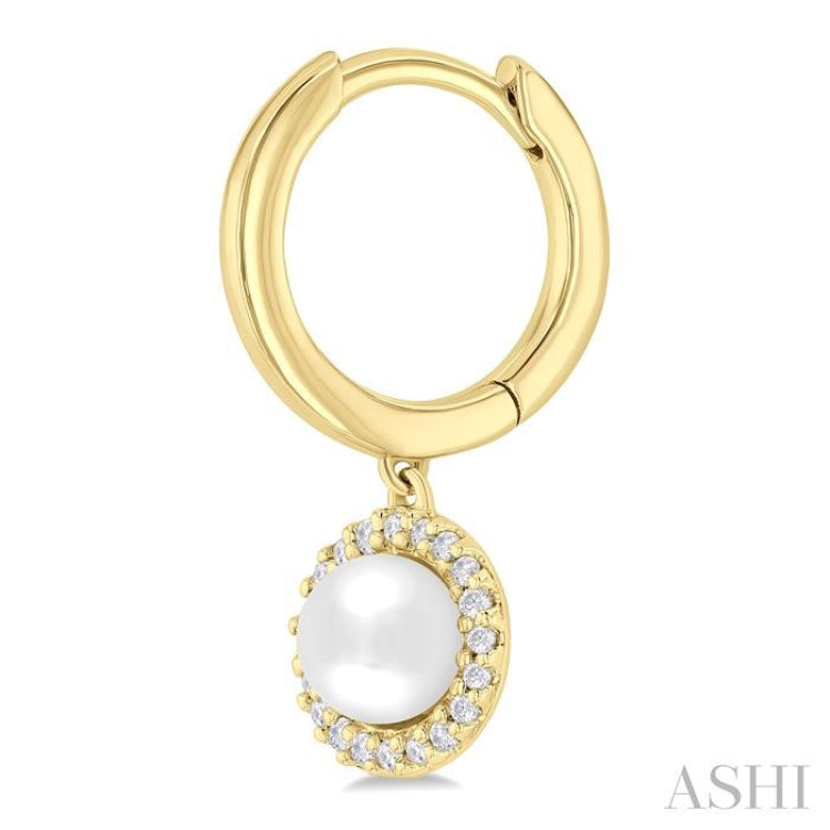 5.5 MM Round Shape Cultured Pearl and 1/8 Ctw Petite Round Cut Diamond Halo Fashion Huggies in 10K Yellow Gold