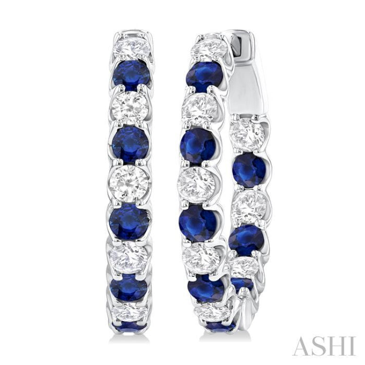 2.5 MM Sapphire and 1 Ctw Round Cut Inside-Out Diamond Precious Hoop Earrings in 14K White Gold