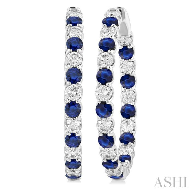 2.9 MM Round Sapphire and 2 5/8 Ctw Round Cut Diamond Inside & Outside Alternating Precious Hoop Earrings in 14K White Gold