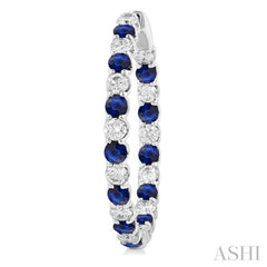 2.9 MM Round Sapphire and 2 5/8 Ctw Round Cut Diamond Inside & Outside Alternating Precious Hoop Earrings in 14K White Gold