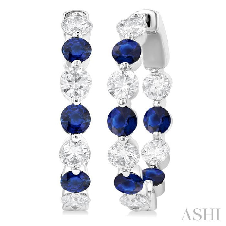 2.85 MM Round Cut Sapphire and 1 Ctw Round Cut Diamond Precious Inside-Out Alternating Hoop Earrings in 14K White Gold