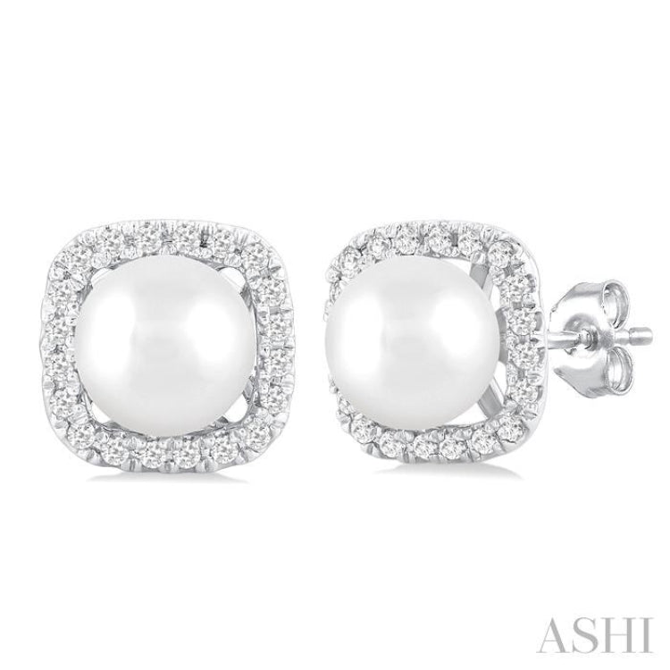 5 MM Cushion-Shaped Cultured Pearl and 1/8 Ctw Petite Round Cut Diamond Halo Stud Earring in 10K White Gold