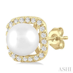5 MM Cushion-Shaped Cultured Pearl and 1/8 Ctw Petite Round Cut Diamond Halo Stud Earring in 10K Yellow Gold