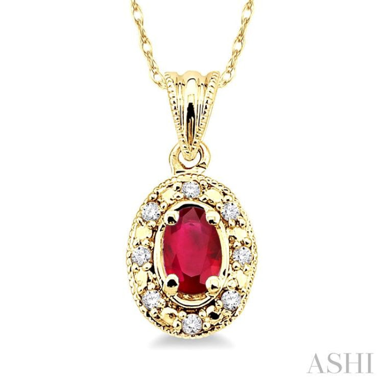 5x3 MM Oval Shape Ruby and 1/20 Ctw Single Cut Diamond Pendant in 10K Yellow Gold with Chain