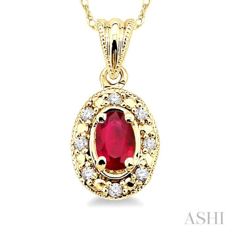 5x3 MM Oval Shape Ruby and 1/20 Ctw Single Cut Diamond Pendant in 10K Yellow Gold with Chain