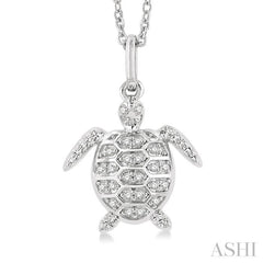 1/10 Ctw Petite Sea Life Turtle Round Cut Diamond Fashion Pendant With Chain in 10K White Gold