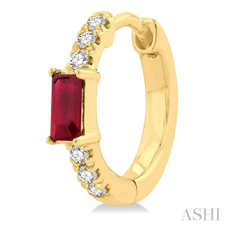 4X2 MM Baguette Cut Ruby and 1/8 Ctw Petite Round Cut Diamond Fashion Huggies in 10K Yellow Gold