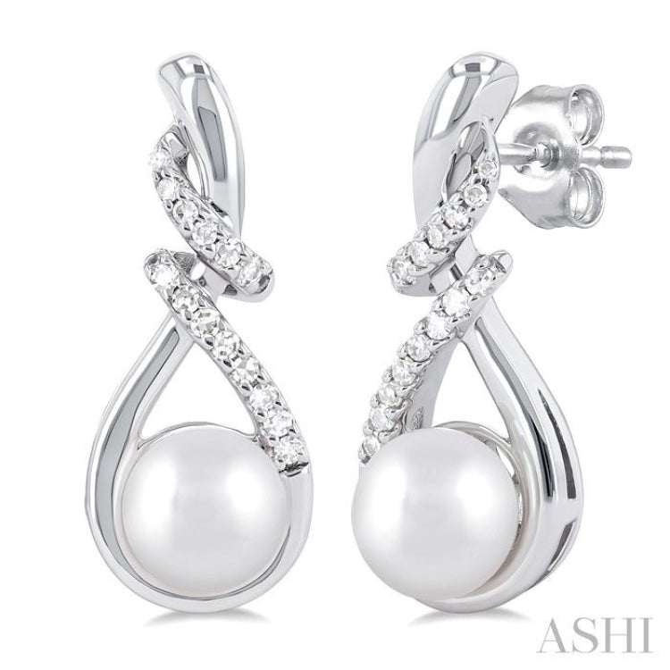 6 MM Round Shape Cultured Pearl and 1/6 Ctw Swirl Top Round Cut Diamond Fashion Earring in 10K White Gold