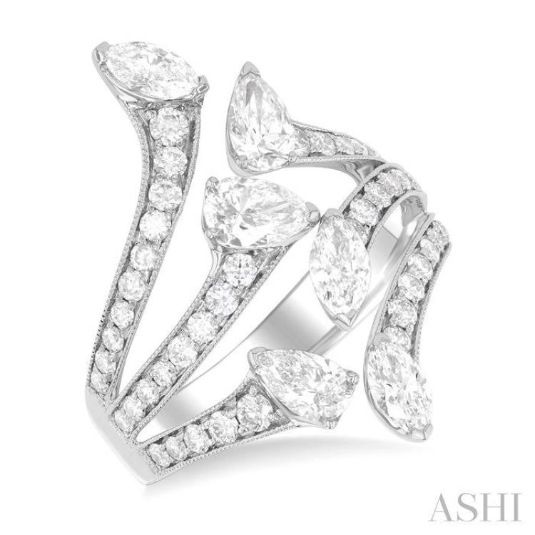 2 1/4 Ctw Bypass Three-Way Split Marquise, Pear and Round Cut Diamond Fashion Open Ring in 14K White Gold