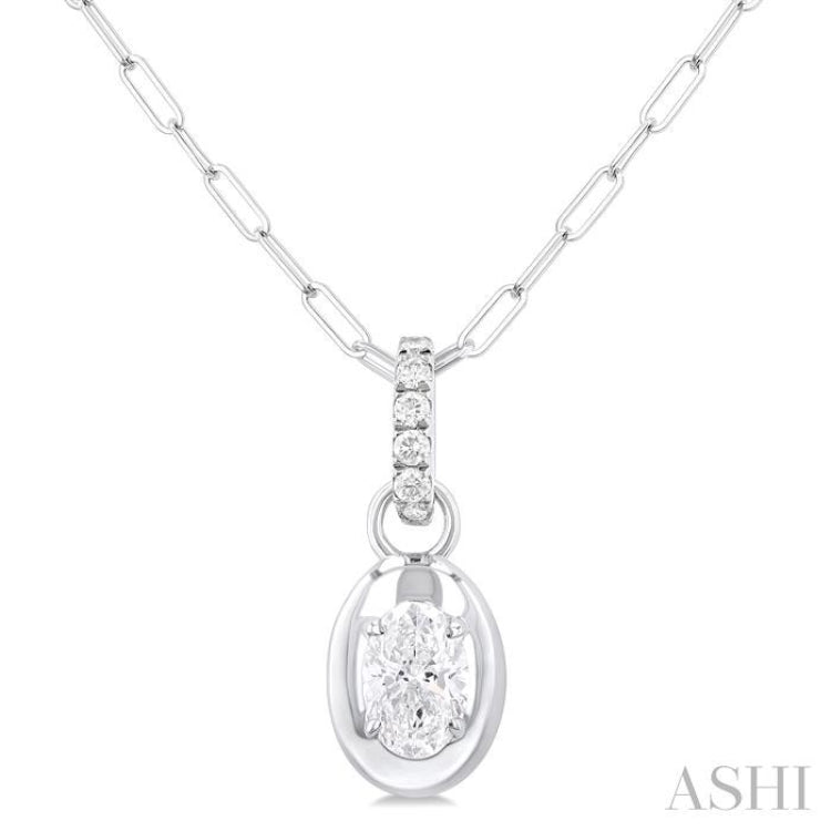 1/4 Ctw Dome Oval and Round Cut Diamond Fashion Pendant With Paper Clip Chain in 14K White Gold