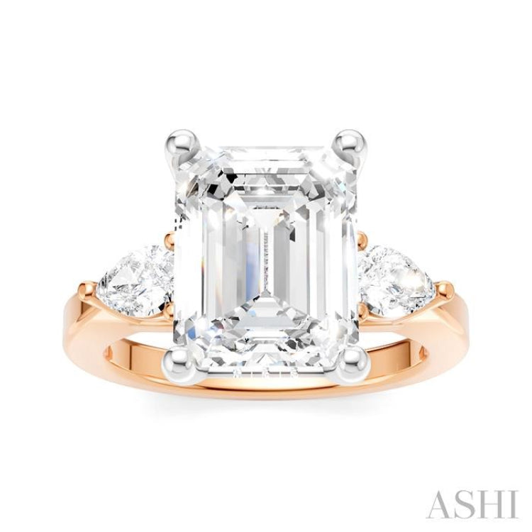 1/2 Ctw Tri-Mount Emerald Shape Center Pear and Round Cut Diamond Semi-Mount Engagement Ring in 14K Rose and White Gold