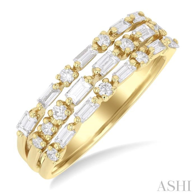 5/8 Ctw Triple Row Baguette and Round Cut Diamond Fashion Band in 14K Yellow Gold