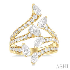 2 1/4 Ctw Bypass Three-Way Split Marquise, Pear and Round Cut Diamond Fashion Open Ring in 14K Yellow Gold