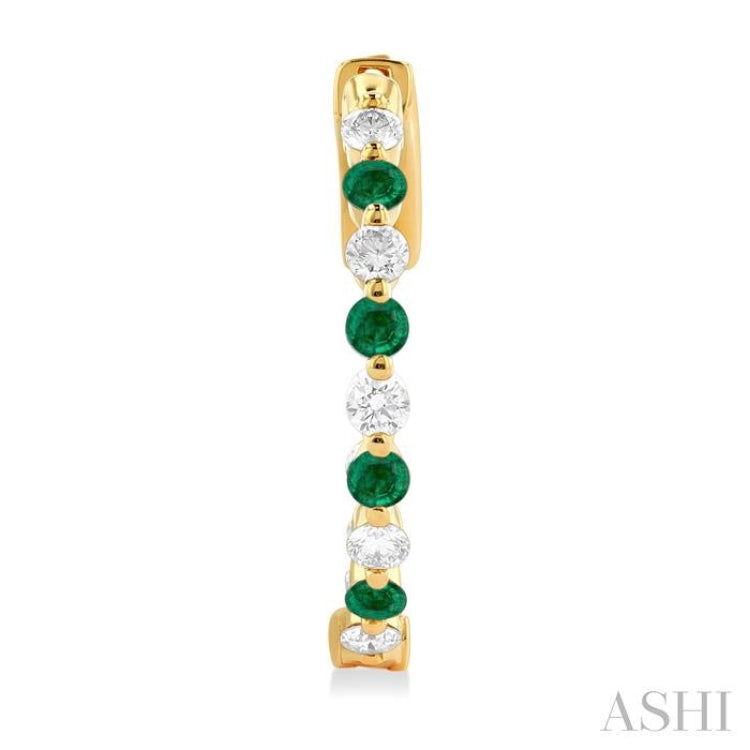 2 MM Round Cut Emerald and 1/2 Ctw Round Cut Diamond Precious Inside-Out Alternating Hoop Earrings in 14K Yellow Gold