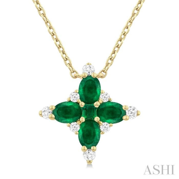 4x3 MM Oval Cut & 2 MM Princess Cut Emerald and 1/10 Ctw Round Cut Diamond Floral Design Pendant With Chain in 14K Yellow Gold